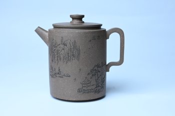 美壶特惠 蠡墅大水潭深井老天青泥 精致圆础壶 装饰山水 茶人醉爱 - 紫砂壶信息网